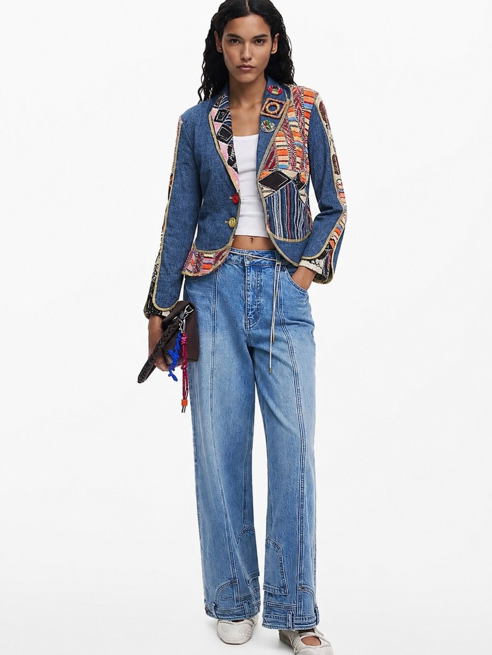 Save The Queen Patchwork Denim Artwork Blazer S
